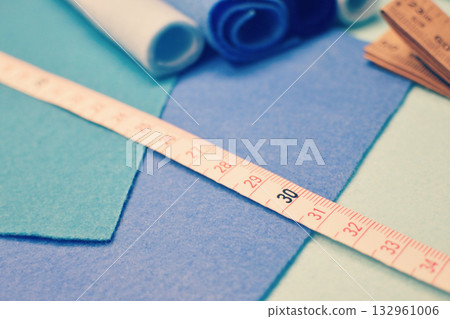Cool-colored felt fabric and tape measure, handmade craft supplies 132961006