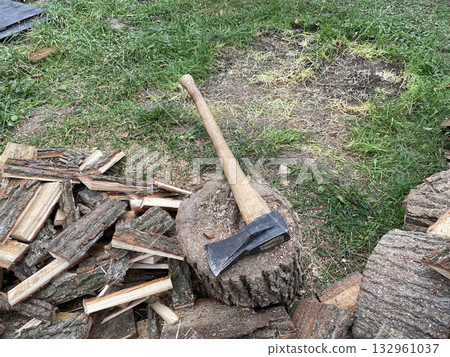 Chopping slab firewood for stove ignition Chopping slab firewood for stove ignition 132961037