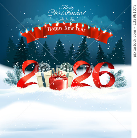 2026 Happy New Year and Merry Christmas holiday background with gift boxes and colorful garland. Vector 2026 Happy New Year and Merry Christmas holiday background with gift boxes and colorful garland. Vector 132961075