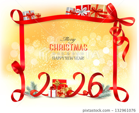Merry Christmas and Happy New Year background with a 2026 letters and a red ribbon. Vector. 132961076