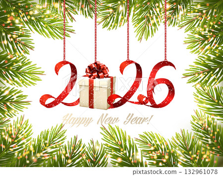 Christmas retro background with tree branches and numbers 2026 made of red ribbons. Vector. Christmas retro background with tree branches and numbers 2026 made of red ribbons. Vector. 132961078