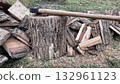 Chopping slab firewood for stove ignition 132961123