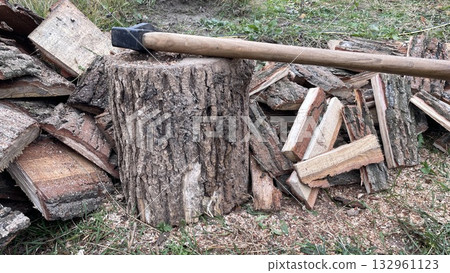 Chopping slab firewood for stove ignition Chopping slab firewood for stove ignition 132961123