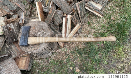 Chopping slab firewood for stove ignition Chopping slab firewood for stove ignition 132961125