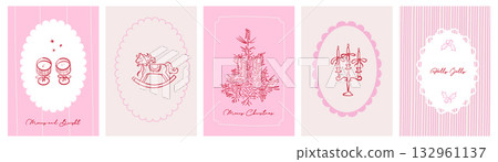 Christmas hand drawn vintage greeting card set with Christmas tree, candles, rocking horse and bows and border frames on striped background. Xmas vector design in trendy coquette style Christmas hand drawn vintage greeting card set with Christmas tree, candles, rocking horse and bows and border frames on striped background. Xmas vector design in trendy coquette style 132961137
