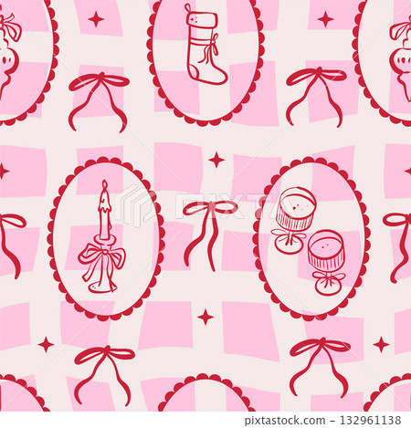 Seamless Christmas pattern with cute decorative cameo frames, bows, and festive elements. Retro coquette style print with elegant vintage charm. Holiday ornament for fabric, wrapping paper. Vector Seamless Christmas pattern with cute decorative cameo frames, bows, and festive elements. Retro coquette style print with elegant vintage charm. Holiday ornament for fabric, wrapping paper. Vector 132961138