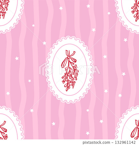 Coquette Christmas Style Seamless Pattern with Mistletoe Bunch in a cameo Frames on Striped Background. Vector vintage Illustration 132961142