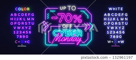 Neon Cyber Monday discount banner with glowing letters and numbers for editable text, perfect for customizing digital ads. Vector illustration 132961197