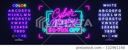 Bright Cyber Monday sign with colorful neon alphabet and sale offer, ideal for stylish promo graphics and marketing layouts. Vector illustration Bright Cyber Monday sign with colorful neon alphabet and sale offer, ideal for stylish promo graphics and marketing layouts. Vector illustration 132961198