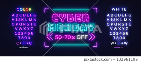 Futuristic Cyber Monday neon banner framed with light arrows and full typeface packs, great for editable sale designs. Vector illustration 132961199