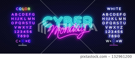 Bright Cyber Monday neon lettering with full typeface sets on both sides, ideal for editing text and designing promo graphics. Vector illustration 132961200
