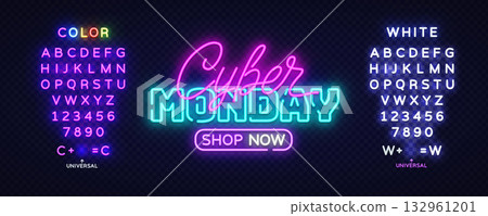 Neon Cyber Monday banner with glowing alphabet sets in color and white, perfect for customizing sale ads and digital promos. Vector illustration 132961201