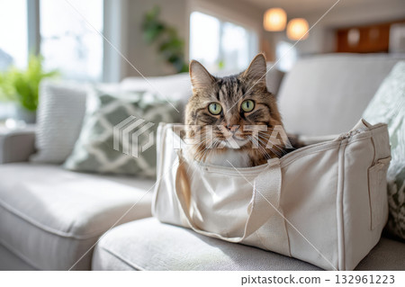 Fluffy Cat Relaxing in a Canvas Bag on Sofa 132961223