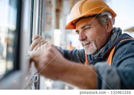 Construction worker installing glass with precision 132961288