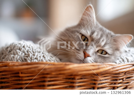 Fluffy Cat Resting in Cozy Basket 132961306