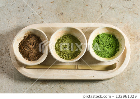 Matcha Tea Powders. Ceremonial, Premium, Hojicha powder 132961329