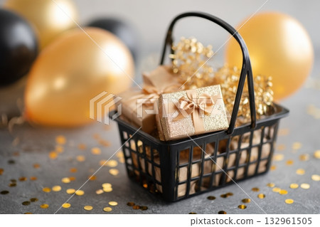 Shopping basket with Gift Boxes and Balloons 132961505