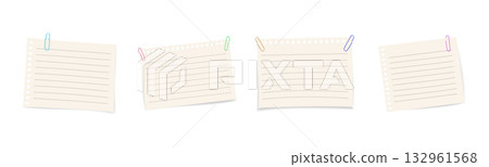 Set of white paper notes with 3D paper clips. Realistic vector collection of blank sheets for office, memo, or stationery design isolated on white background. Set of white paper notes with 3D paper clips. Realistic vector collection of blank sheets for office, memo, or stationery design isolated on white background. 132961568