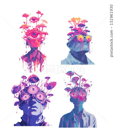 Humalike creature with plenty of eyes cartoon vector concept. Alian having many pupils and purple mushrooms on head, ufo sunglasses shirt and jaket character portrait isolated on white background 132961930