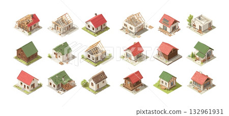 Houses construction site phases isometric vector set. Home roof framing timber wood brick building stages process real estate development cottage renovation repair structure foundation walls 132961931