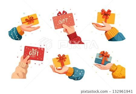 Hands holding gift cards cartoon vector set. Holiday shopping vouchers coupons presents surprise giveaway marketing promotion special offer event celebration discount sale certificate isolated 132961941
