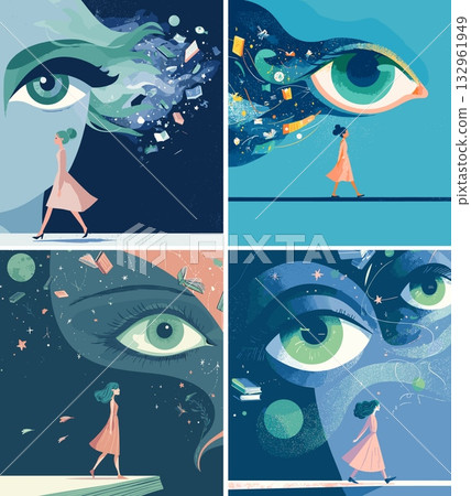 Girl walking in her fantasy cartoon vector poster. Female in dress big eyes books planets shapes, character sleeping watching dreams unreal world blue background 132961949