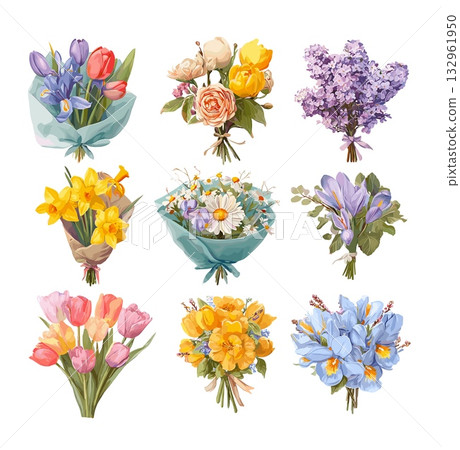 Fresh flowers bouquets vector set. Spring irises narcissus daffodils lilac chamomile crocus rose summer floral arrangement tulips gift decoration illustration isolated on white background 132961950