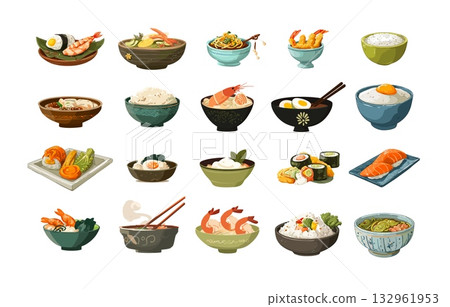 Food in bowls cartoon vector set. Dishes asian cuisine eggs noodles rice, plates with meals rolls dumplings shrimps sushi sticks soup servings isolated on white background 132961953