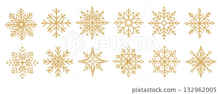 Golden snowflakes set. Elegant winter decoration for Christmas and New Year design. Festive seasonal symbols in minimal flat style. Vector illustration isolated on white background. 132962005