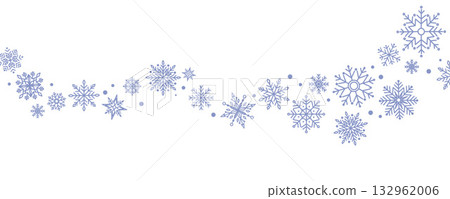 Winter border with light blue snowflakes on white background. Minimal festive garland for Christmas and New Year decoration. Frosty elegant design for greeting card or banner. Flat vector illustration Winter border with light blue snowflakes on white background. Minimal festive garland for Christmas and New Year decoration. Frosty elegant design for greeting card or banner. Flat vector illustration 132962006