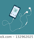 Music player on mobile phone screen with earphones. Vector illustration in flat cartoon style. 132962025
