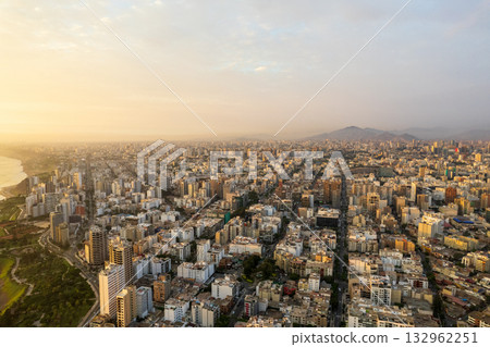 Aerial view of Miraflores and its boardwalk in Lima. 132962251