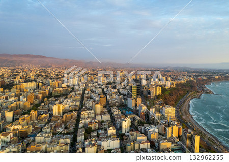 Aerial view of Miraflores and its boardwalk in Lima. Aerial view of Miraflores and its boardwalk in Lima. 132962255
