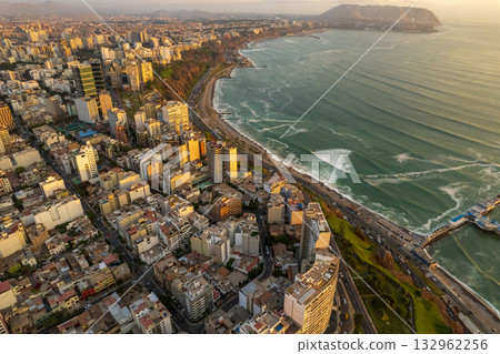 Aerial view of Miraflores and its boardwalk in Lima. Aerial view of Miraflores and its boardwalk in Lima. 132962256