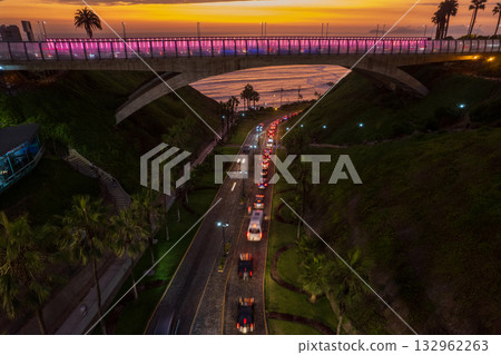 Sunset view from La Bajada de Balta in Miraflores, in the city of Lima. Sunset view from La Bajada de Balta in Miraflores, in the city of Lima. 132962263