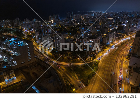 Excellent night aerial view of Via Expresa Luis Bedoya Reyes in the city of Lima, Excellent night aerial view of Via Expresa Luis Bedoya Reyes in the city of Lima, 132962281