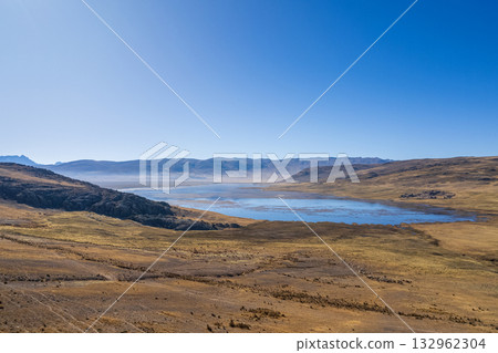 Aerial view of the Conococha lagoon in the mountains of Ancash. 132962304