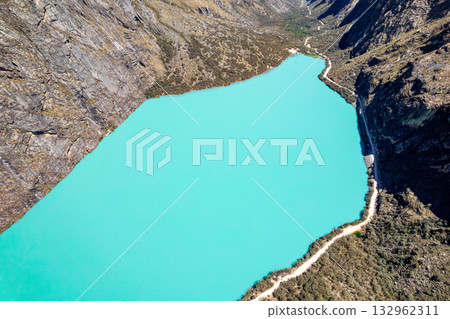 Aerial view of the Llanganuco Lagoon, Ancash. 132962311