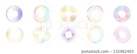 Gradient neon circle speed burst. Bright halftone dotted motion effect representing energy, speed, and innovation. Vector template for technology, web, or futuristic poster. Gradient neon circle speed burst. Bright halftone dotted motion effect representing energy, speed, and innovation. Vector template for technology, web, or futuristic poster. 132962403
