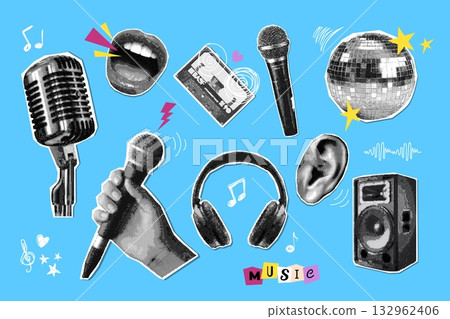 Music halftone collage. Microphone, speaker headphones sing ear mouth karaoke broadcast record mic mike elements retro pop art cutout vintage stickers, exact vector illustration Music halftone collage. Microphone, speaker headphones sing ear mouth karaoke broadcast record mic mike elements retro pop art cutout vintage stickers, exact vector illustration 132962406