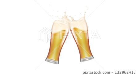 Realistic beer cheers. Two glass lager beer with foam, alcohol pint toast tall isolated mug cold yellow drink bubbles advertising banner transparent background vector illustration Realistic beer cheers. Two glass lager beer with foam, alcohol pint toast tall isolated mug cold yellow drink bubbles advertising banner transparent background vector illustration 132962413