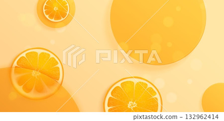 Orange cosmetic background. Realistic oranges glassmorphism plates vitamin c serum molecule beauty nature fruit product display clean minimalist design 3d glass vector illustration Orange cosmetic background. Realistic oranges glassmorphism plates vitamin c serum molecule beauty nature fruit product display clean minimalist design 3d glass vector illustration 132962414