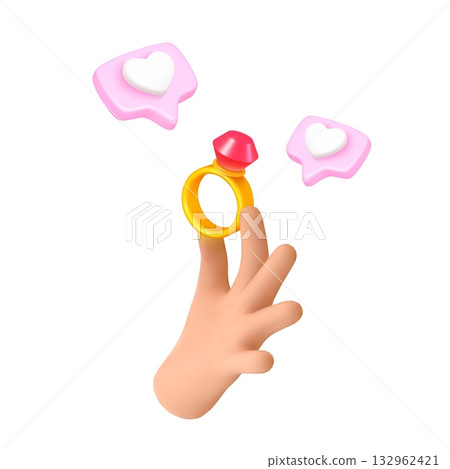 3d wedding ring. Hand propose marriage, golden ring with red ruby heart speech bubbles jewelry proposal love betrothal concept future wife realistic render vector illustration 132962421