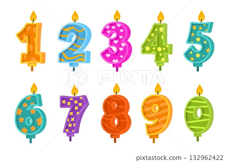 Cartoon number candles. Birthday candle for cake, anniversary celebration party age numbers design 1 2 3 4 5 6 7 8 9 shape first bday baby day holiday, kicky vector illustration 132962422