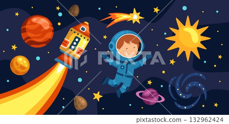 Children outer space. Kids astronauts exploring galaxy planets, little astronaut cosmic rocket in star sky universe, cartoon kid cosmonaut in spacesuit kicky vector illustration Children outer space. Kids astronauts exploring galaxy planets, little astronaut cosmic rocket in star sky universe, cartoon kid cosmonaut in spacesuit kicky vector illustration 132962424
