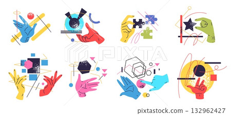 Hands abstract things. Human hand hold different objects shape, puzzle jigsaw pieces science research business teamwork concept creative combine figure, classy vector illustration 132962427