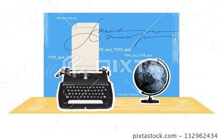 Typewriter halftone collage. Writer journalist work, vintage literature paper news retro keyboard office machine desk social media blog press concept, exact vector illustration Typewriter halftone collage. Writer journalist work, vintage literature paper news retro keyboard office machine desk social media blog press concept, exact vector illustration 132962434