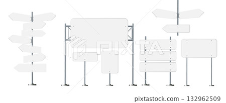Road, traffic signs. Highway signboard on metal pole. Blank white board with place for text. Directional signage and way finder. information sign vector mockup. Road, traffic signs. Highway signboard on metal pole. Blank white board with place for text. Directional signage and way finder. information sign vector mockup. 132962509