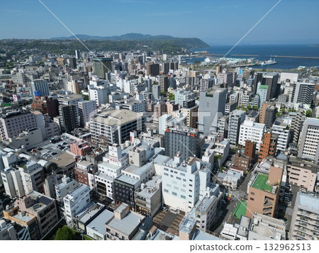 Aerial view of Kagoshima Port and Kinko Bay from central Kagoshima 132962513