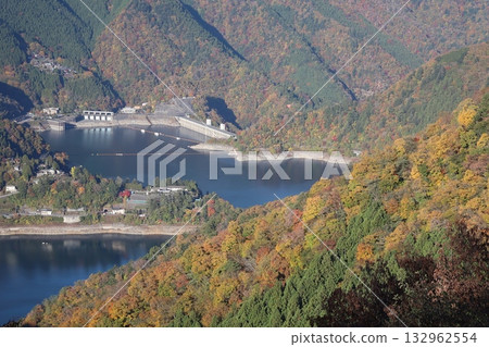 Autumn leaves reflected in Lake Okutama (taken from the top of the mountain) 132962554